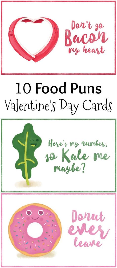 These 10 Food Pun Valentine's Day Cards are to make your Valentine smile. Slip one of the food pun Valentines in their lunch for a surprise. Free printables Valentines Card Sayings, Funny Valentines Cards For Friends, Pun Valentines, Valentines Day Sayings, Friend Valentine Card, Selamat Hari Valentine, Valentines Day Puns, Cheesy Valentine, Valentines Puns