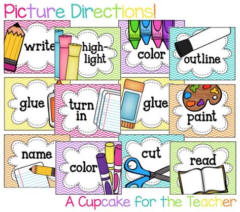 Picture Directions {Freebie Facelift} and a Sale! | A Cupcake for the Teacher | Bloglovin’ Cricut Labels, Kindergarten Management, Classroom Visuals, Teacher Picture, Classroom Procedures, Classroom Organisation, Kindergarten Fun, Classroom Labels, Kindergarten Class