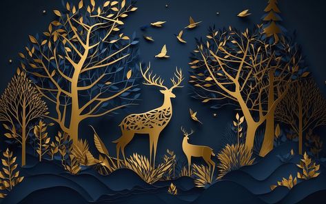 Golden Deer Painting, Interior Mural Wall, Deer Mural, Designs For Living Room, 3d Wallpaper Design, Deer Wallpaper, Interior Murals, Deer Painting, 3d Wall Murals