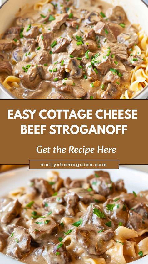 Indulge in the creamy goodness of cottage cheese beef stroganoff with this mouthwatering recipe. Perfect for a cozy family dinner or a special gathering with friends. The tender beef, savory mushrooms, and rich sour cream sauce blend together beautifully to create a comforting and satisfying meal. Whether you're a cottage cheese lover or looking to try something new, this dish is sure to become a favorite at your table.  Ingredients 1 lb lean ground beef 1 small onion, chopped 4 oz fresh mushroo Cream Cheese Stroganoff Beef, Ground Beef And Cottage Cheese Recipes, Recipes With Cottage Cheese Dinner, Recipes With Blended Cottage Cheese, Ground Beef Cottage Cheese, Blended Cottage Cheese Recipes, Cottage Cheese Dinner, Cheese Stuffed Mushrooms, Beef Sauce