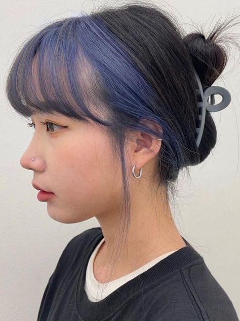 Black Hair With Ash Blue Bangs Ash Blue Hair, Blue Hair Highlights, Hidden Hair Color, Edgy Hair Color, Ulzzang Hair, Two Tone Hair, Korean Hair Color, Peekaboo Hair, Ash Hair Color