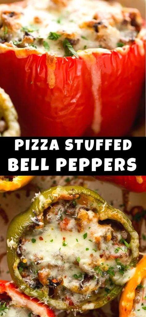 These Pizza Stuffed Bell Peppers have the flavors of my favorite pizza, but without the carbs! Easy Stuffed Bell Peppers, Pizza Stuffed Peppers, Bariatric Meals, Pepper Recipes, Ground Beef Dishes, Stuffed Pepper, Yummy Casseroles, Dinner Entrees, Mouthwatering Recipes