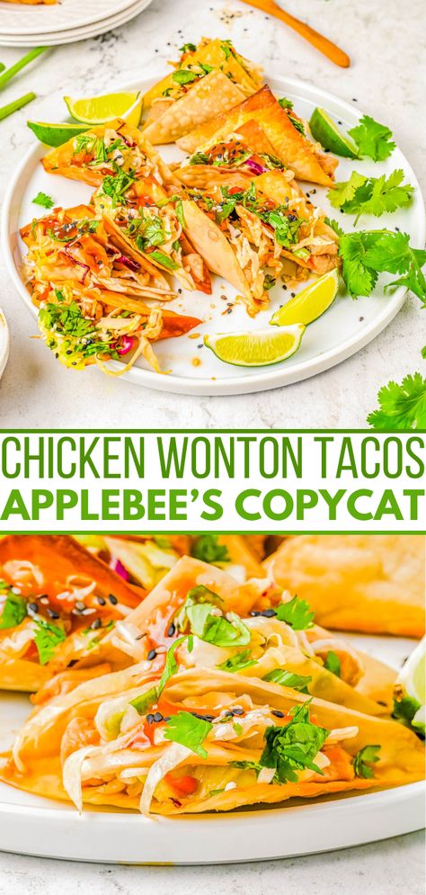 Copycat Applebee's Chicken Wonton Tacos - Averie Cooks Chicken Wonton Tacos, Best Ever Chicken, Wonton Tacos, Asian Fusion Recipes, Chicken Wontons, Crispy Wonton, Fusion Recipes, Averie Cooks, Sesame Ginger