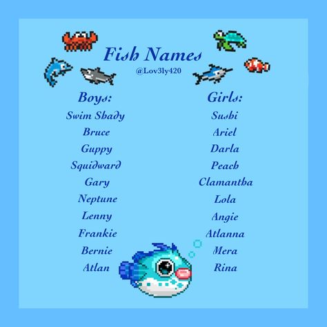 Fish Names Ideas Funny, Names For Fish Pet, Fish Names Ideas Cute, Island Name Ideas, Funny Fish Names, Fem Names, Sea Names, Fish Names, Ocean Names