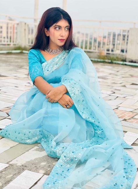 Skyblue Sarees, Netted Blouse Designs, Girly Style Outfits, Women Faces, Net Blouses, Girly Style, Blue Saree, Ideas For Instagram Photos, Beautiful Saree