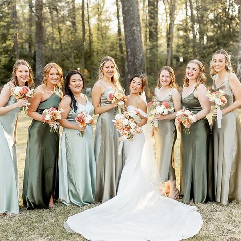 Fresh and green 💚 Featuring mix and match bridesmaid dresses in satin sage, olive and moss green • 📸: @emilyholmesweddings #birdyinthewild… | Instagram Sage Olive Bridesmaid Dresses, Sage And Forest Green Bridesmaid Dresses, Olive And Sage Bridesmaid Dresses, Different Shade Of Green Bridesmaid, Sage Mix And Match Bridesmaid Dresses, Green Mix Match Bridesmaid Dresses, Mix Match Green Bridesmaid Dresses, Green Mix And Match Bridesmaid Dresses, Eucalyptus Green Bridesmaid Dresses