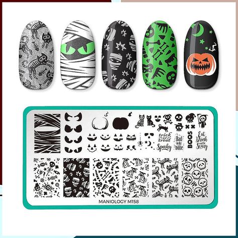 Maniology Bad to the Bone (M158) Nail Stamping Plate, Halloween Nail Art Design, Bone Skeleton Skull Mummy Manicures Halloween Nail Art Designs, Beach Nail Art, Halloween Manicure, Nail Academy, Nail Stamper, Nail Art Stamping Plates, Boo Crew, Skeleton Skull, Nail Stamping Plates