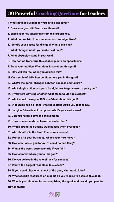 Unlock Success with these 30 Powerful Coaching Questions for Leaders As leaders, coaching is a vital tool for nurturing our teams. The art of questioning can boost confidence, uncover opportunities, and dispel doubts. It's a way to show that everyone possesses untapped potential. These 30 questions are your coaching arsenal: Coaching Vs Mentoring, Mental Performance Coach, Powerful Coaching Questions, Coaching Questions For Employees, Health Coach Questions, Life Coaching Questions, Career Coaching Questions, Mentoring Questions, Goal Questions