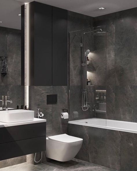 Bathroom Gray And Black, Gray Bathroom With Wood Accents, Dark Grey Bathrooms, Small Bathroom Gray, Bathroom With Black Floor, Small Grey Bathroom Ideas, Black Grey Bathroom, Bathroom Ideas Gray, Modern Gray Bathroom