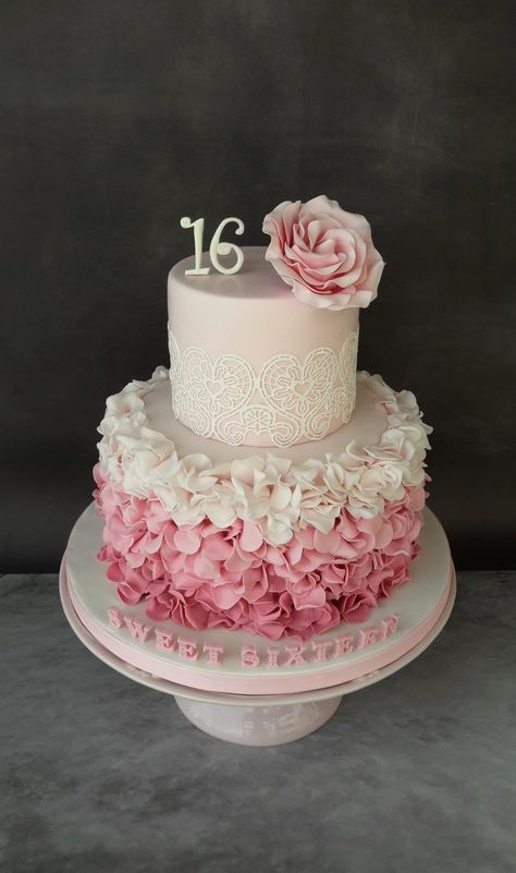 Sweet sixteen cake. Pastel pink, ombre ruffles, lace and rose. 2 Teir Cakes Birthday Pink, Light Pink Sweet 16 Cake, Sweet 16 Pink Cake, Sweet 16 Cakes Pink, Sweet Sixteen Cake Ideas, Pink Sweet 16 Cake, Sweet Sixteen Decorations, Sweet 16 Party Planning, Pastel Pink Ombre