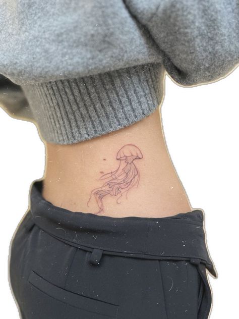 Hip Tattoo Jellyfish, Hip Jellyfish Tattoo, Tattoo Ideas Female Jellyfish, Aesthetic Jellyfish Tattoo, Jellyfish Stomach Tattoo, Minimal Jellyfish Tattoo, Two Jellyfish Tattoo, Princess Jellyfish Tattoo, Little Jellyfish Tattoo