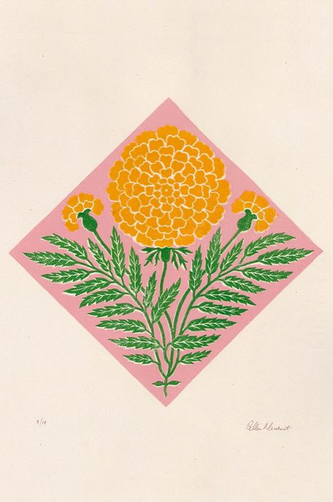 ellen merchant limited edition print with pink background and large yellow Marigold 13.7 x 19.6 Marigold Drawing, Marigold Design, Pink Marigold, Marigold Print, Tea Business, Storefront Display, Logo Board, Travel Sketchbook, Phone Decor