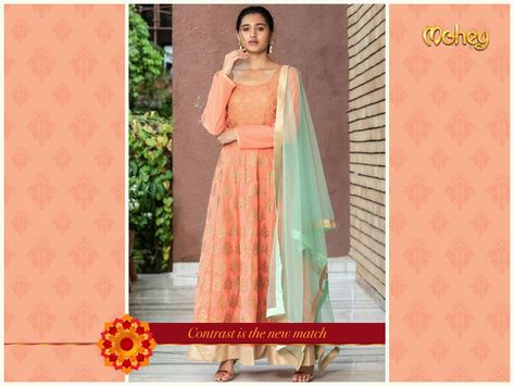 Super contrasting colours in pastel softened by light gold zari work. An exciting variety of Suits for Rakhi are showcasing across stores. Take a look here —>  https://www.manyavar.com/adorable-peach-suit-with-contrasting-blue-dupatta-SAS7225-412 Peach Suit, Peach Color Dress, Blue Dupatta, Blue Color Combinations, Peach Colour, Contrast Dress, Colour Contrast, Contrasting Colours, Dresses Indian