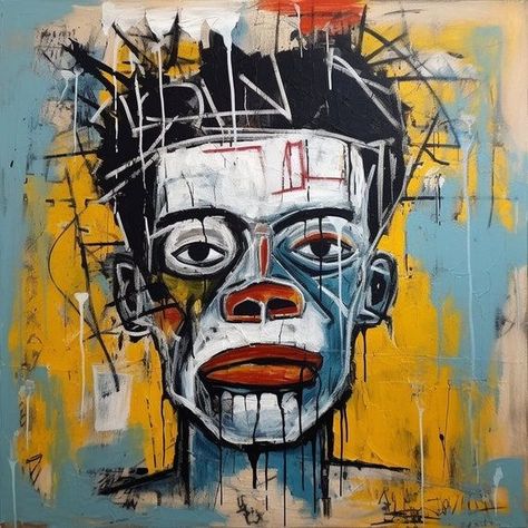 Graffiti Inspired Portrait Headshot inspired by Jean-Michel Basquiat | Canvas | Print | Acrylic Painting by CustomCanvasCurators Check out this epic Basquiat portrait headshot piece! The bold colors and urban grunge vibe are giving me all the feels. Basquiat's style is just 🔥, don't you think? Definitely a must-have for any art lover looking to make a statement. #Basquiat #UrbanArt #ArtEnthusiast 🎨✨ https://www.etsy.com/listing/1452107856/graffiti-inspired-portrait-headshot?ref=rss #wallar... Jean Michel Basquiat Art, Basquiat Paintings, Urban Grunge, Bright Yellow Background, Basquiat Art, Urban Culture, Jean Michel Basquiat, Red Nose, White Face