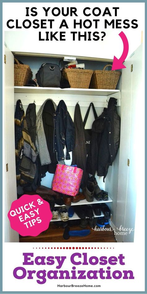 Coat Closet Organization Front Entry, Entryway Coat Closet, Small Entryway Closet, Small Entry Closet, Entry Closet Organization, Coat Closet Storage, Hall Closet Organization, Coat Closet Makeover, Coat Closet Ideas