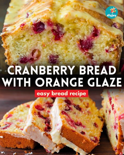 Cranberry Bread with Orange Glaze | Easy Baking Bread Recipe | Cranberry Orange Bread via @diyjoycrafts Cranberry Bread With Orange Glaze, Cranberry Bread Recipes, Cranberry Baking, Orange Bread, Orange Icing, Cranberry Orange Bread, Breakfast Bread Recipes, Cranberry Bread, Baking Bread Recipes