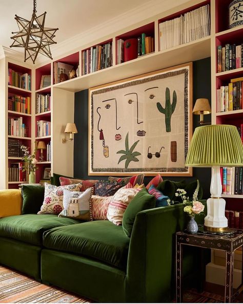 A home library - sounds very grand but really it’s just putting all the books you own in one place, displayed on some soft of shelving. Enhance the library feel by painting shelving/ book case the same colour as the walls and adding wall lights or lamps. Showcase books in colour or size groups or try stacking horizontally as well as vertically. . . . . . . . . . . . . Home library inspiration credited to: @thisoakhouse @houseandgardenuk @sarahbrowninteriors @inter_ior_stellar @ashleybhanl... Small Tv Room, Tv Nook, Green Sofa Living Room, Snug Room, Tv Watching, Cosy Lounge, Deep Sofa, Comfortable Couch, Tv Room Design