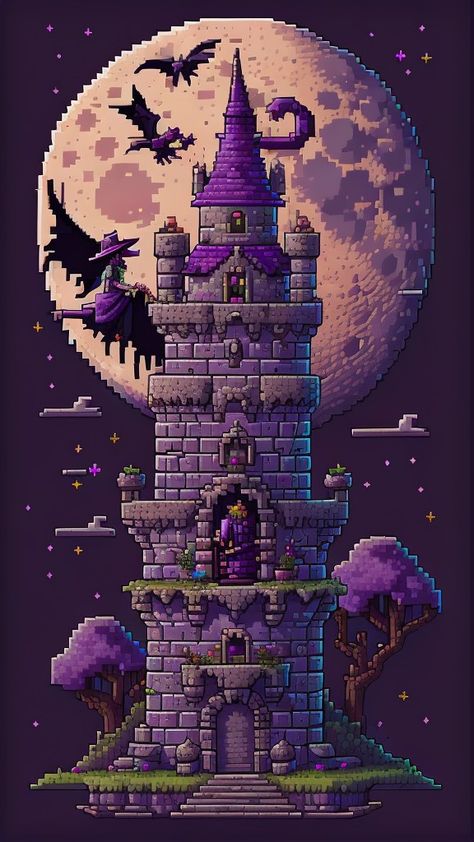 Halloween Pixel Art Wallpaper, Pixel Art Halloween, Halloween Pixel Art, Pixel Art Wallpaper, Gothic Mansion, Purple Witch, Halloween Purple, Art Witch, House Wallpaper