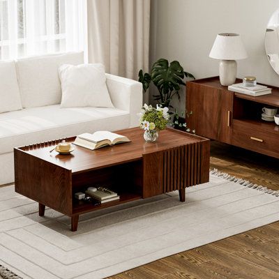 IKIFLY Fluted Coffee Table, Mid Century Modern Center Rectangular Coffee Table with Cabinet Doors, Farmhouse Coffee Table for Living Room Brown Latitude Run® Color: Brown | Latitude Run® Kistina Single Coffee Table 17.7 H x 45.3 W x 25.1 D in Wood in Brown | 25.1" L x 45.3" W x 17.7" H | Wayfair Fluted Coffee Table, Square Wooden Coffee Table, Table With Cabinet, Center Table For Living Room, Center Coffee Table, Coffee Table Mid Century Modern, Centre Table Living Room, Coffee Table Mid Century, Backdrop Tv