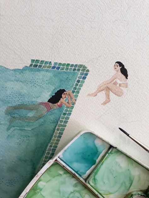 Pool Sketch, Pool Watercolor, Watercolour Aesthetic, Hygge Illustration, Honeymoon Scrapbook, Pool Illustration, Landscape Gouache, Pool Drawing, Aesthetic Watercolor