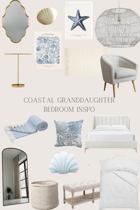 Coastal granddaughter bedroom inspiration #coastalgranddaughter #aesthetic #beachy #bedroomideas Grandmother Coastal Bedroom, Blue Coastal Granddaughter Bedroom, Costal Girl Room Aesthetic, Coastal Granddaughter Bathroom Aesthetic, Costal Bedroom Aesthetic Blue, Room Ideas Aesthetic Costal, Coastal Grandmother Bedroom Decor, Coastal Feminine Bedroom, Coastal Granddaughter Bedroom Wallpaper