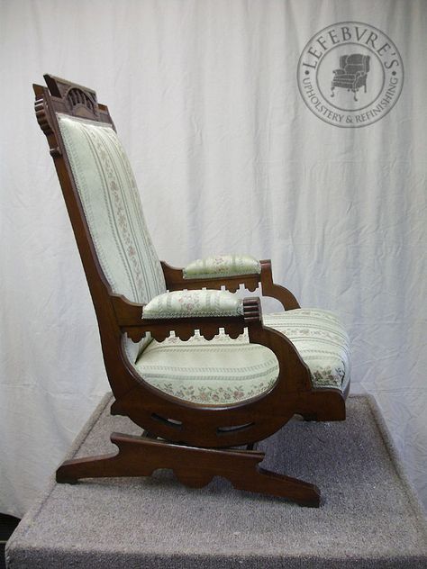 Lefebvre's Upholstery: Eastlake / Victorian Platform Rocker - Floral Striped Fabric Eastlake Chair, Victorian Rocking Chair, Eastlake Furniture, Platform Rocker, Eastlake Victorian, Antique Rocking Chairs, Chair Redo, American Queen, Chaise Chair