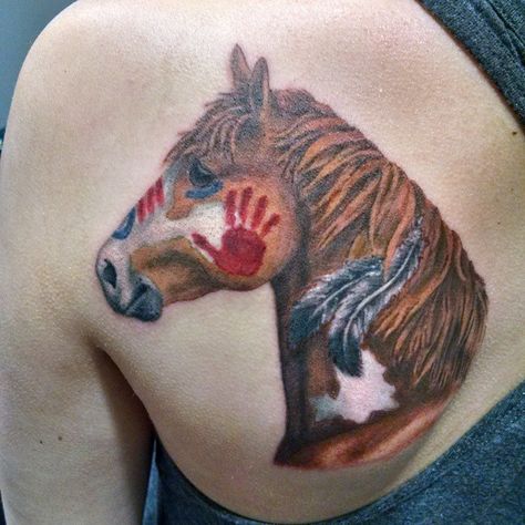 Awesome war horse tattoo by @sugarrrskull. #tattoo #horse #warhorse #horsetattoo Crazy Horse Tattoo, Paint Horse Tattoo, Native Horse Tattoo, Native American Horse Tattoo, Indian Horse Tattoo, Equine Tattoo, Donkey Pictures, Remember Tattoo, Outdoor Tattoo