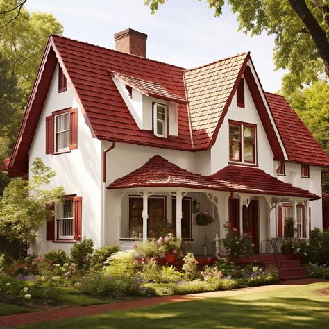 3+ Fresh Red Roof House Color Schemes for a Stunning Look • 333k+ Inspiring Lifestyle Ideas Gray House With Red Shutters, House Exterior With Red Roof, Red Roof Cottage, Red Roof House Colors, House Paint Ideas, Red House Exterior, Renovation Facade, Pearl House, Red Roof House