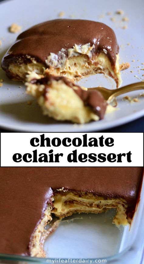 This decadent and dairy-free Chocolate Eclair Dessert is a classic icebox cake perfect for summer gatherings! Made with layers of graham crackers, pudding, and a thick chocolate topping this no-bake dessert will steal the show! Learn how to easily whip up this no-bake cake for your next gathering. Vegan-friendly, this chocolate eclair dessert can easily be made for anyone! Alpha Gal Desserts, Eclair Dessert, Chocolate Eclair Dessert, Eclairs Dessert, Chocolate Eclair Cake, Alpha Gal, Vegan Frosting, Eclair Cake, Dairy Free Cake