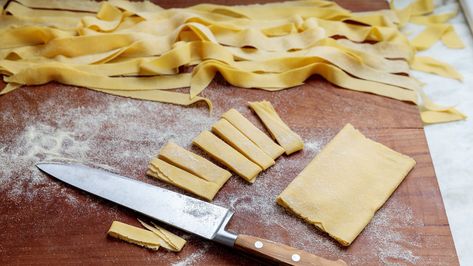 The flat egg noodles known as pappardelle are like a wider fettuccine. The ribbony pasta is the perfect canvas for a homemade sauce like like Grandma's Bolognese. Homemade Pappardelle, Michael Chiarello, Pasta Rack, Pappardelle Recipe, Pappardelle Pasta, Egg Pasta, Pasta Machine, Spicy Sausage, Pasta Dough