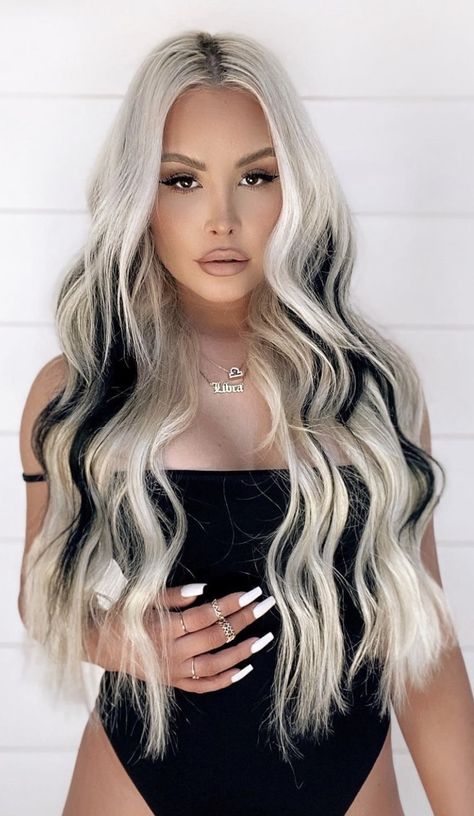 White Blonde Hair With Pink, Jwoww Blonde Streaks, Platinum With Black Hair, Black Hair With Platinum Extensions, Icy Blonde And Black Hair, Platinum Blonde Black Highlights, Icy Blonde With Black Peekaboos, Blonde And Emerald Green Hair, Hair Color Ideas For Brunettes Short Fun