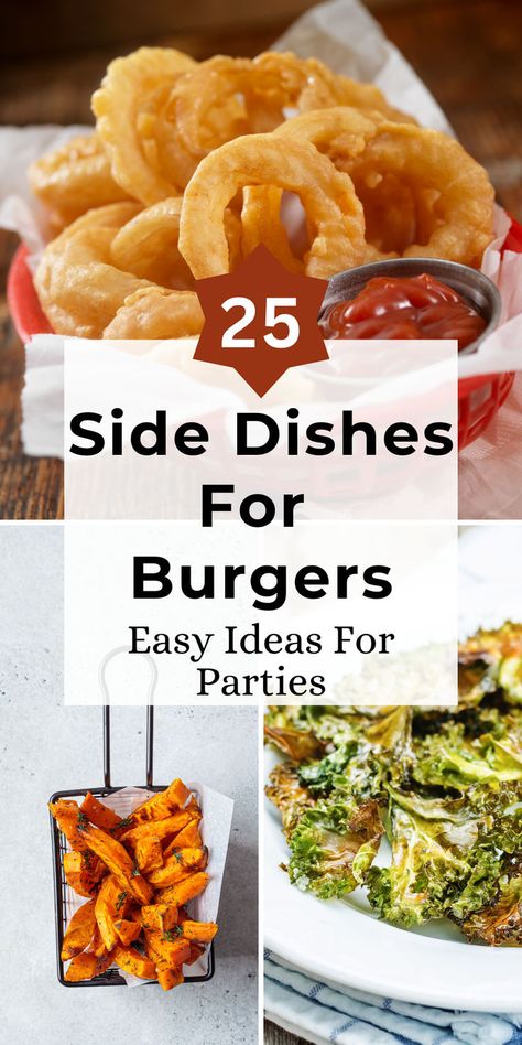 Make your burger bash unforgettable with 25 simple and delicious side dishes! From crispy fries to fresh salads, these easy ideas are just what you need for the perfect party spread. Click to discover crowd-pleasing sides that pair perfectly with burgers! Side For Burgers And Hot Dogs, Side Ideas For Sandwiches, Burgers And Sides Ideas, Burger Dinner Party, Best Sides With Burgers, Burger Night Ideas, Burger Meal Ideas, Hamburger Sides Ideas, Sides To Go With Burgers