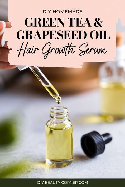 DIY Green Tea & Grapeseed Hair Growth Serum Grapeseed Oil Hair Growth, Hair Serum For Growth, Diy Hair Curls, Homemade Hair Growth, Hair Growth Serum Diy, Homemade Hair Oil, Serum Recipe, Diy Serum, Natural Hair Regrowth