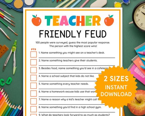 INSTANT DIGITAL DOWNLOAD - NO PHYSICAL PRODUCT WILL BE SHIPPED! Bring some friendly competition to your next teacher gathering with our "Teacher Friendly Feud" game! This entertaining and interactive game is designed to spark laughter and camaraderie among educators as they guess the most popular answers to teacher-related questions. Perfect for all ages and occasions, this game is ideal for teacher parties, school events, classroom parties, back-to-school celebrations, teacher icebreakers, and more. It's a fantastic way to bond with fellow educators, break the ice, and add fun to any event. With instant access, you can download, print, and play right away. No waiting, just immediate fun and entertainment for your teacher-themed celebration! ◍◍ W H A T ' S I N C L U D E D ◍◍ - Teacher Frie Fun Teacher Staff Games, Teacher Bonding Activities, Games For Teachers, Teacher Games, School Icebreakers, Teacher Morale, Teacher Party, Teacher Activities, Ice Breaker Games