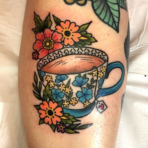 Coffee Mug Traditional Tattoo, Neo Traditional Teacup Tattoo, Witchy Tea Cup Tattoo, Halloween Teacup Tattoo, Tea Pot And Cup Tattoo, Teacup Tattoo Design, Traditional Teacup Tattoo, Tea Party Tattoo, Teacup Tattoo Vintage