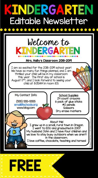 FREE Welcome to Kindergarten newsletter - EDIT and print to send during Back to School season or Open House - adorable Meet the Teacher letter FREEBIE Season Kindergarten, Teacher Welcome Letters, Meet The Teacher Letter, Kindergarten First Week, Kindergarten Newsletter, Teacher Letter, Back To School Kindergarten, Welcome To Kindergarten, Beginning Of Kindergarten