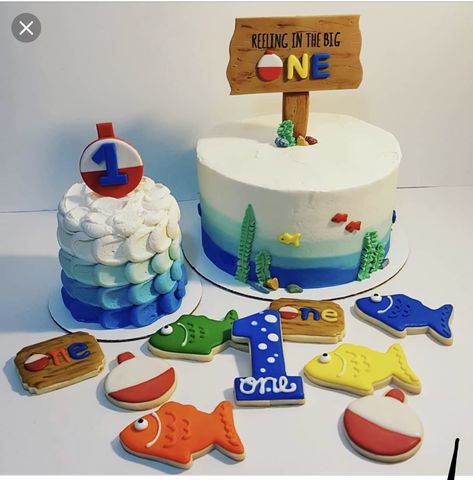 Officially One Birthday Cake, O Fish Ally One Smash Cake, Smash Cake Fishing Theme, O Fish Ally One Birthday Cakes, The Big One Birthday Cake, Ofishally One Birthday Cake, Fishing Smash Cake 1st Birthdays, Oh'fish'ally One Cake, The Big One Fishing Birthday Cake Smash