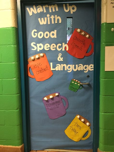 Winter Speech Bulletin Board Speech Therapy Door Decor Fall, Board Games Room, Speech Classroom Decor, Speech Bulletin Boards, Slp Office, Speech Crafts, Christmas Bulletin Boards, Holiday Door Decorations, Speech Teacher