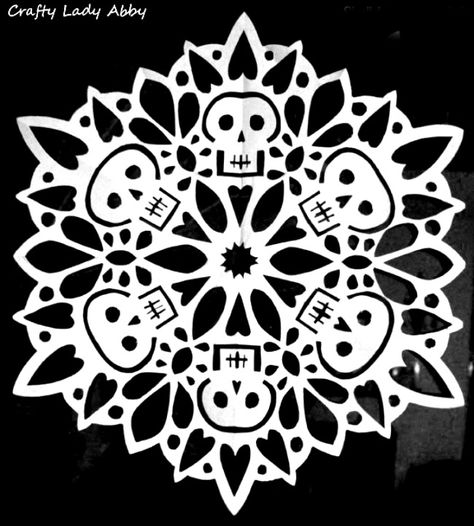 Sugar skull crafts | sugar skull snowflakes from Crafty Lady Abby Halloween Snowflakes Template, Skull Snowflake Pattern, Christmas Paper Crafts Decoration, Skull Cookie Decorating, Halloween Snowflakes, Goth Ornaments, Halloween Street Signs, Snowflakes Template, Skull Snowflake