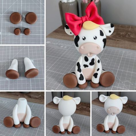 Cow Fondant Tutorial, Fondant Cow Topper, Easy Fondant Decorations, Fondant Cow, Modeling Chocolate Figures, Cow Cake Topper, Cow Birthday Cake, Chocolate Cow, Fimo Kawaii