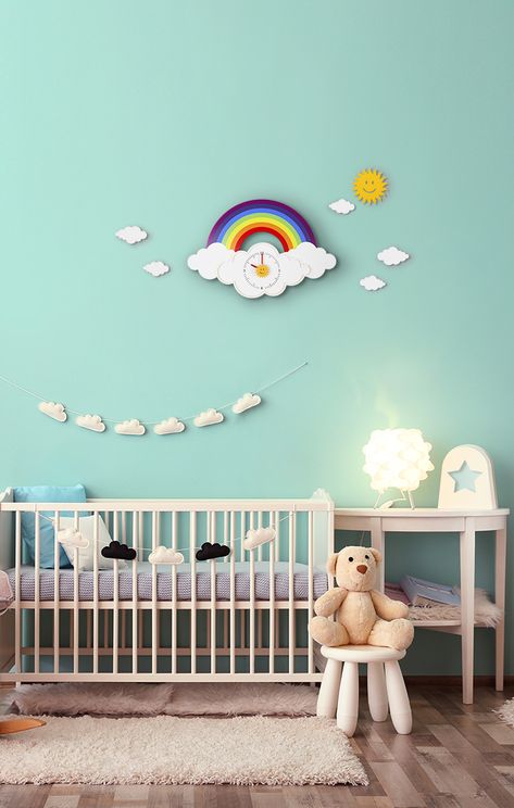 Rainbow Theme Room, Wall Clock Boys Room, Wall Clock Kids, Baby Room Wall Clocks, Somewhere Over The Rainbow Nursery, Kids Wall Clock, Nursery Clock, Rainbow Wall Decor, Nursery Rooms