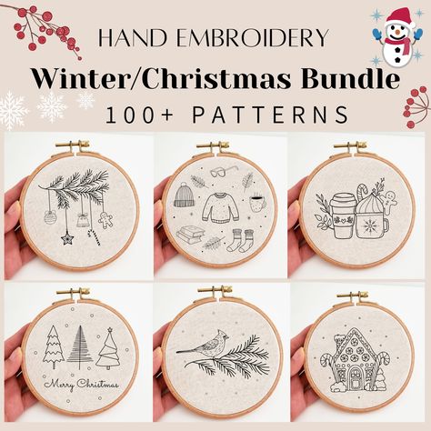 Christmas winter embroidery pattern bundle, ornament hand embroidery design, holiday printable PDF pattern, DIY project, home wall decor Holiday Embroidery Patterns, Embroidery Christmas Ornaments, Christmas Hand Embroidery, Embroidered Christmas Ornaments, Embroidery Ornaments, Christmas Tree With Presents, Winter Embroidery, Holiday Embroidery, Christmas Embroidery Patterns