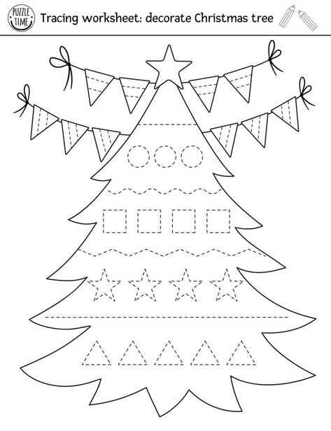 Preschool Christmas Worksheets, Christmas Handwriting, Handwriting Practice Worksheets, New Years Tree, Christmas Worksheets, Free Printable Activities, Vector Christmas, Preschool Christmas, Tracing Worksheets