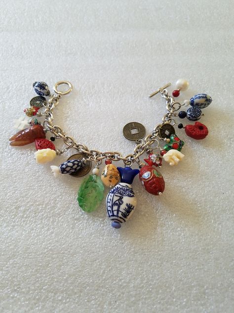 Up Cycled Fully Loaded Asian Vintage Charmed Bracelet in Multi-colored Shapes & Asian Symbols One of A Kind Curb Bracelet - Etsy Asian Symbols, Funky Bracelet, Asian Vintage, Ceramic Bracelet, Dope Jewelry Accessories, Porcelain Beads, Asian Jewelry, Vintage Charm Bracelet, Dope Jewelry