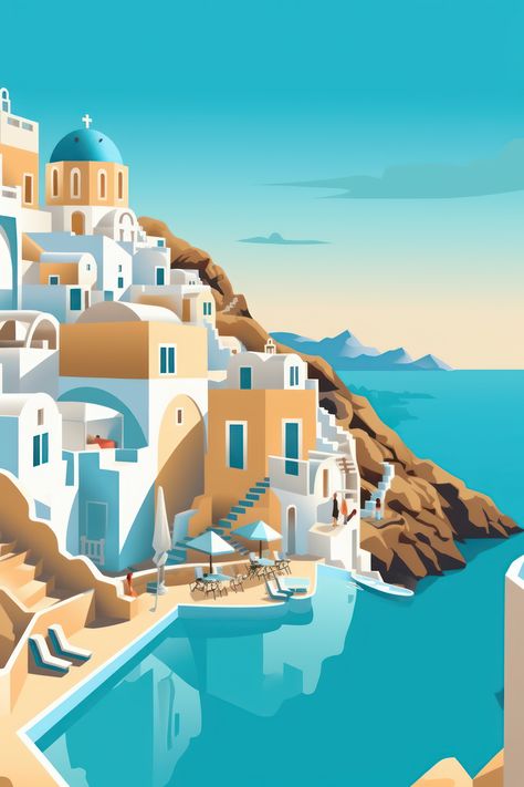 #greece #aethestic #beautiful #landscape #illustration #santorini #trending Santorini Greece Illustration, Santorini Buildings, Greece Drawing, Greece Painting, Greece Art, Travel Illustration, Travel Wall Art, Landscape Illustration, Digital Art Illustration