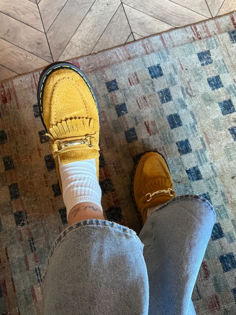 Yellow Accent Outfit, Dr Marten Adrian Loafer, Yellow Loafers, Queer Fashion, Shoe Inspo, Yellow Accents, Penny Loafer, Light Academia, Hailey Bieber