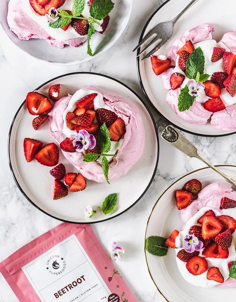 Mini Pink Pavlovas Paid Collaboration, Superfoods Recipes, Mini Pavlovas, Lowering Blood Pressure, Vegan Whipped Cream, Pavlova Recipe, Potato Flour, Beetroot Powder, Superfood Recipes