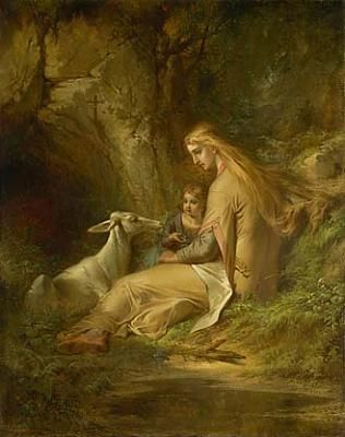 Genevieve of Brabant: "St. Genevieve of Brabant in the Forest" by George Frederick Bensell (americanart.si.edu) St Genevieve, Tattoo Sketch, Hunting Trip, Smithsonian Institution, Korean Art, A4 Poster, Enchanted Garden, Art Masters, Vintage Artwork