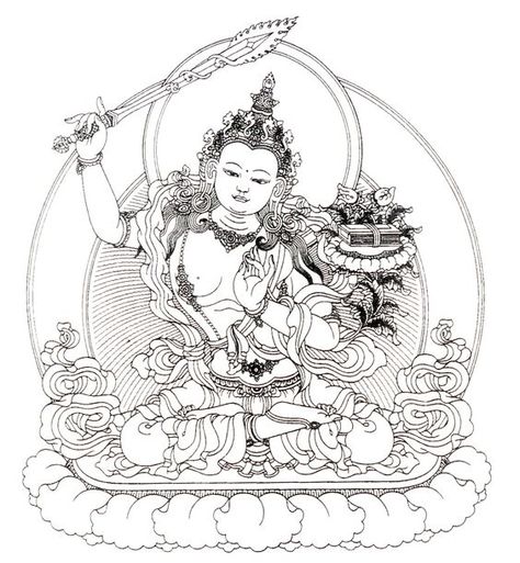 Manjushri has a Pure Land. He is in fact a perfect Buddha who vowed to emanate all over the universe as a Bodhisattva to put the hard questions to the Buddhas on the topics of voidness, freedom, and the nature of the self. Manjushri was known for his unconventionally straightforward style of teaching. Unlike other Buddha and Bodhisattva’s gradual method progressing from elementary to more complex doctrines, he would jump directly to the top, the meaning of the supreme truth, ultimate nirvana. Manjushri Tattoo, Buddhist Illustration, Dagger Drawing, Art Motifs, Arte Yoga, Art Buddha, Buddha Art Painting, Tai Chi Chuan, Ancient Persian