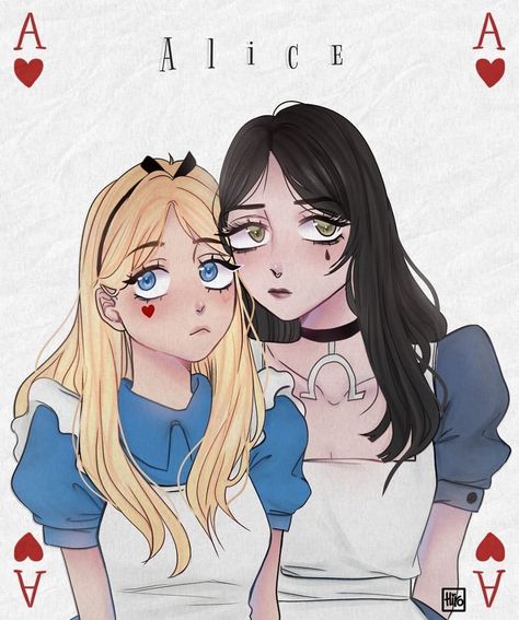 Alice in Wonderland meets Alice Liddell crossover art > Disney > American McGee | hiro_chan_owo American Mcgee, Crossover Art, American Mcgee’s Alice, Creepy Games, Alice In Wonderland Artwork, Dark Alice In Wonderland, Alice In Wonderland Drawings, Wonderland Artwork, Magical Girl Aesthetic